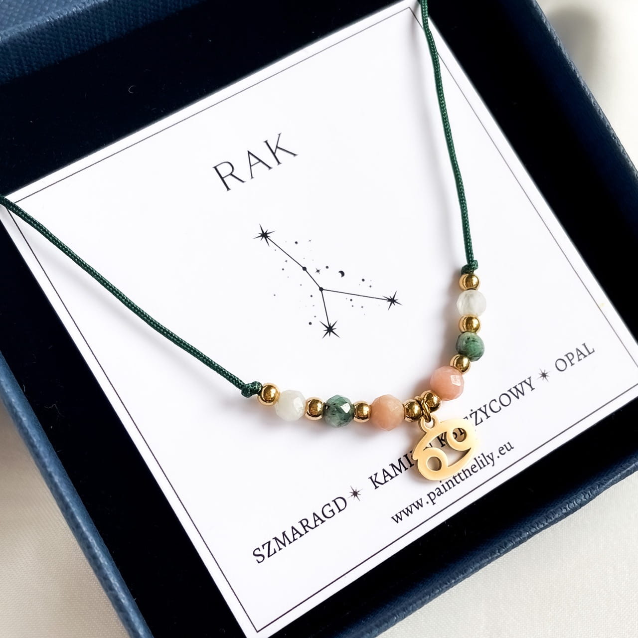 Bransoletka znak zodiaku RAK z kamieniami / szmaragd, kamień księżycowy, opal